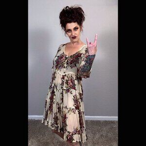 90s Babydoll Dress Beige Floral Grunge Contempo Casuals Semi Sheer Rock S